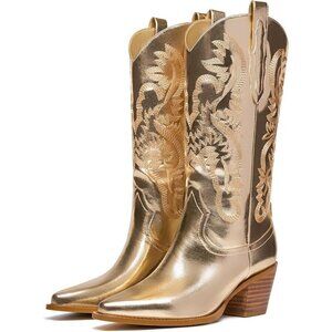 Goserce Low Heels Women Gold Metallic Mid Calf Sparkly Western Pointy Toe Boots